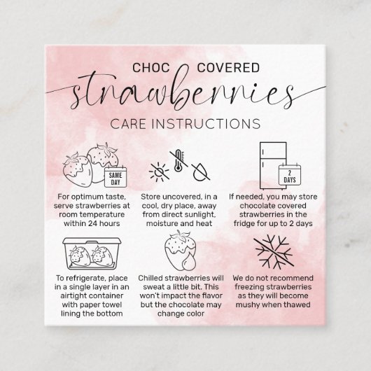 Carte De Visite Carré Fraises de chocolat féminin Instructions de soins (Devant)