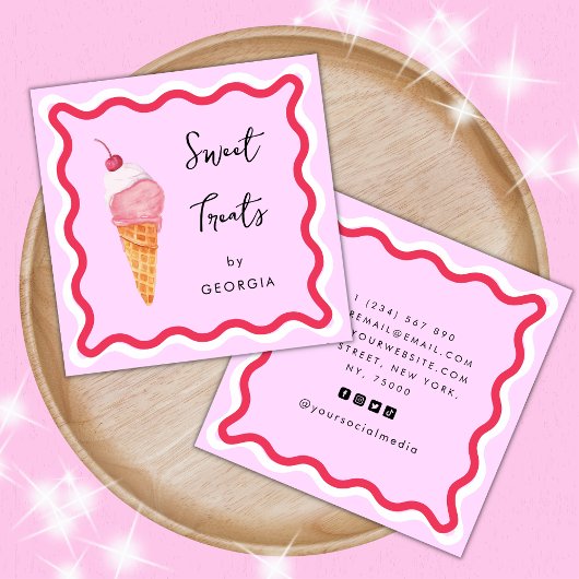 Carte De Visite Carré Frame rose et rouge Wavy Sweet Traite la crème gla