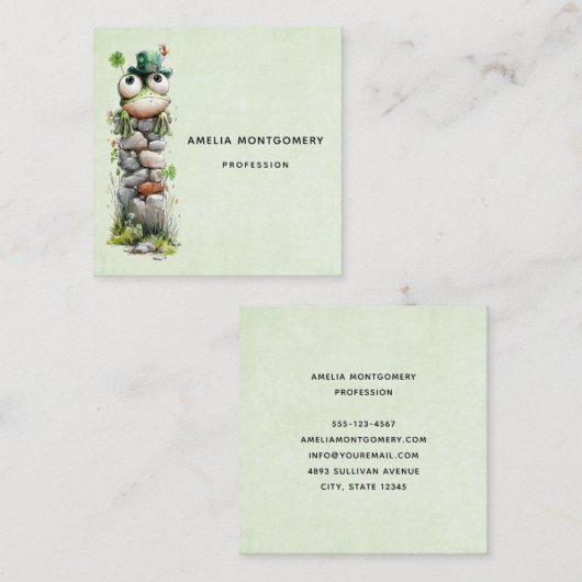 Carte De Visite Carré Frog with Green Hat and Shamrock Cute (Devant / Derrière)
