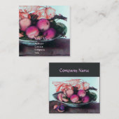 Carte De Visite Carré FRUITS DE SAISON Pêches, Prunes, Feuille Gris Rose (Devant / Derrière)