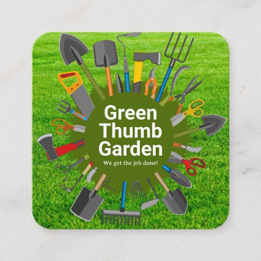Carte De Visite Carré Gardening Tools Variety | Green Grass (Devant)