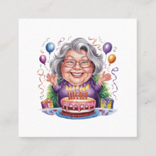 Carte De Visite Carré Gâteau d'anniversaire d'une vieille dame excitée A