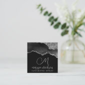 Carte De Visite Carré Géode Agate Noir Argent Monogramme Design de bijou (Debout devant)