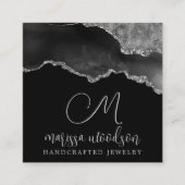 Carte De Visite Carré Géode Agate Noir Argent Monogramme Design de bijou (Devant)