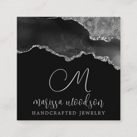 Carte De Visite Carré Géode Agate Noir Argent Monogramme Design de bijou (Devant)