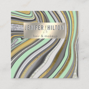 Carte De Visite Carré Géode d'agneau contemporain néo menthe or coiffeus