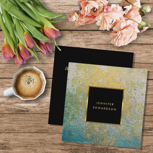 Carte De Visite Carré Géographe en pierre turquoise et or professionnel