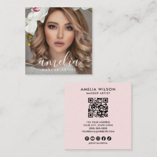 Carte De Visite Carré Girly Script QR Code Photo  Square Blush Pink