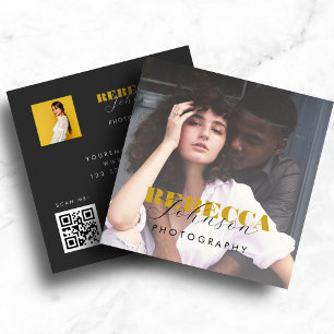 Carte De Visite Carré Gold Black Bold Script 2 Photo Minimal QR Code