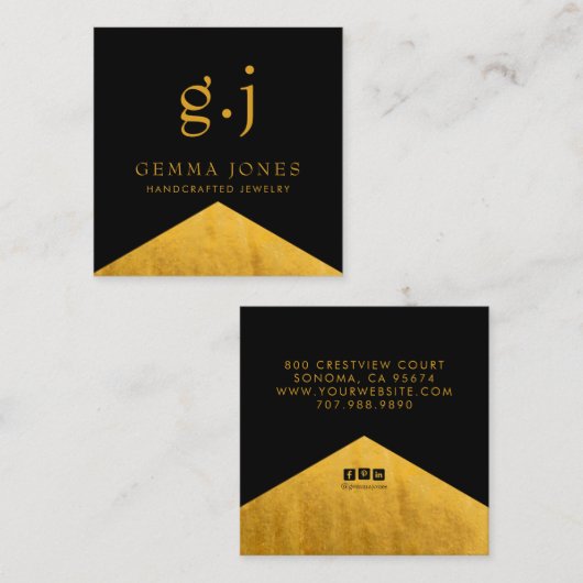 Carte De Visite Carré Gold Black Faux Gold Foil Design bijouterie (Devant / Derrière)