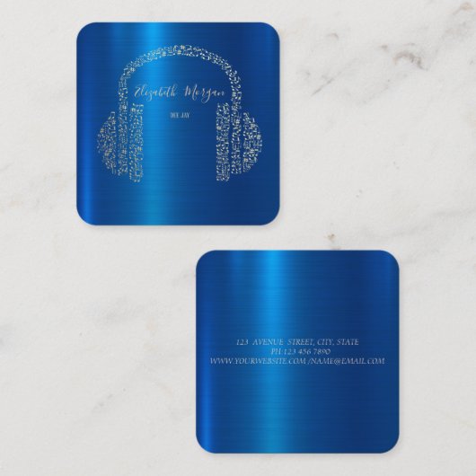 Carte De Visite Carré Gold Music Notes Casque DJ Blue Metallic (Devant / Derrière)
