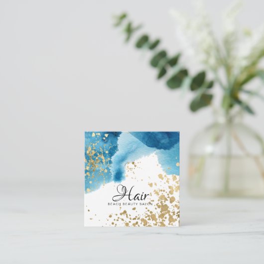 Carte De Visite Carré *~* Gold Parties scintillant Abstraite Plage Bleu (Debout devant)