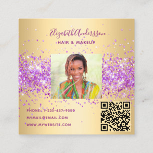Carte De Visite Carré Gold violet rose profil photo code qr