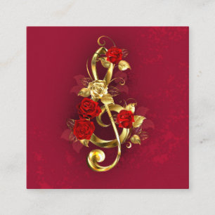 Carte De Visite Carré Golden Treble Clef avec fleurs Roses