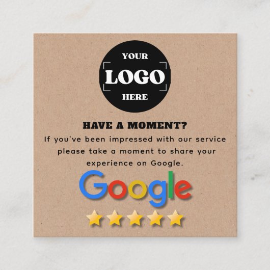 Carte De Visite Carré Google Review Avec QR Code Link Kraft Rustic (Devant)