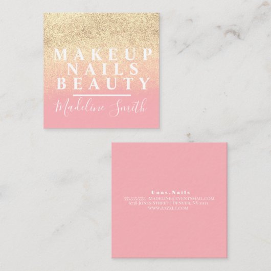 Carte De Visite Carré Gras Faux Parties scintillant Pink Gold Maquillage (Devant / Derrière)