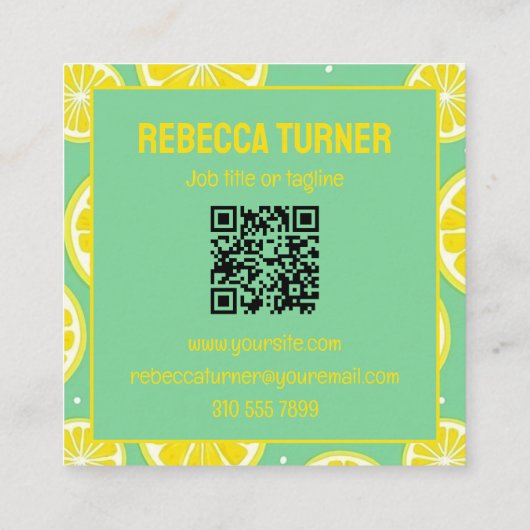 Carte De Visite Carré Green and Yellow Lemon Slice Pattern, QR Code (Dos)