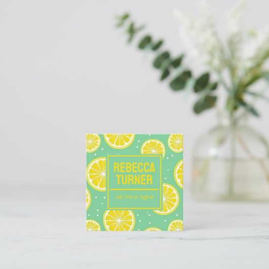 Carte De Visite Carré Green and Yellow Lemon Slice Pattern, QR Code (Debout devant)