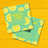 Carte De Visite Carré Green and Yellow Lemon Slice Pattern, QR Code
