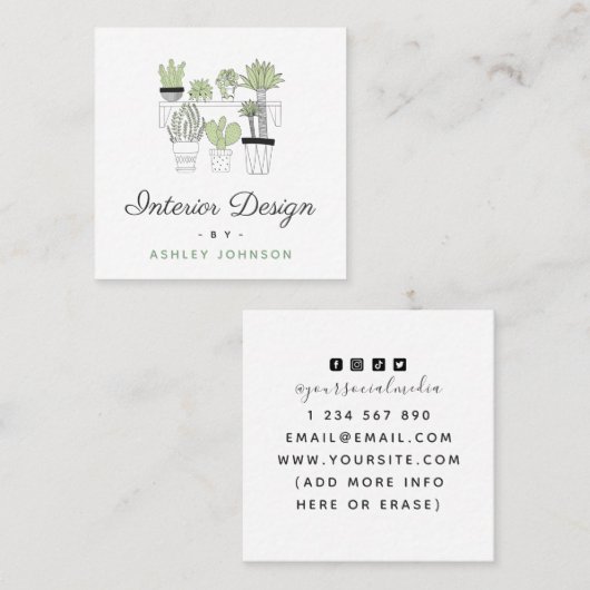 Carte De Visite Carré Green Cactus Succulte House Plante Design d'intéri (Devant / Derrière)