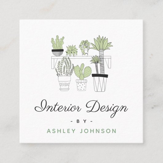 Carte De Visite Carré Green Cactus Succulte House Plante Design d'intéri (Devant)
