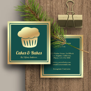 Carte De Visite Carré Green Faux Gold Foil Boulangerie de cupcake maison