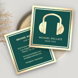 Carte De Visite Carré Green Faux Gold Foil Headphones Music DJ