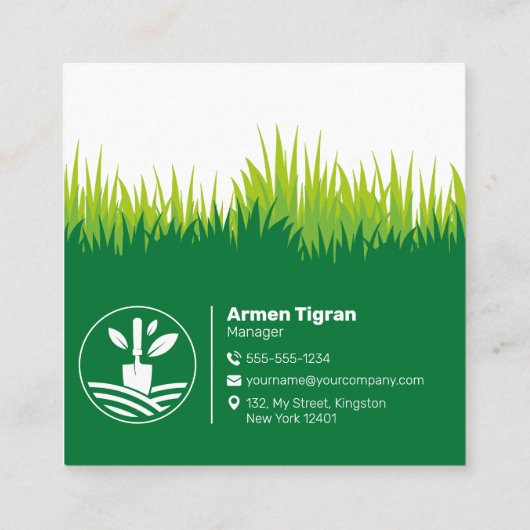 Carte De Visite Carré Green Landscaping Garderer Mowing (Dos)