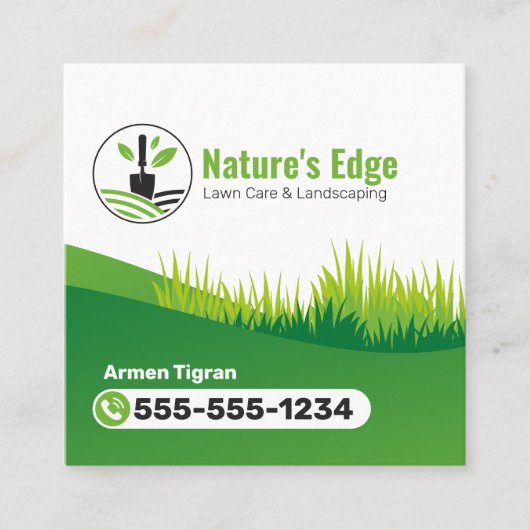 Carte De Visite Carré Green Landscaping Garderer Mowing (Devant)