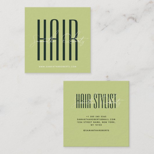 Carte De Visite Carré Hair stylist modern typography script green (Devant / Derrière)