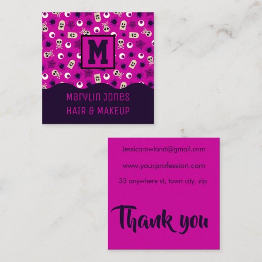 CARTE DE VISITE CARRÉ HALLOWEEN PURPLE SKULLS (Devant / Derrière)