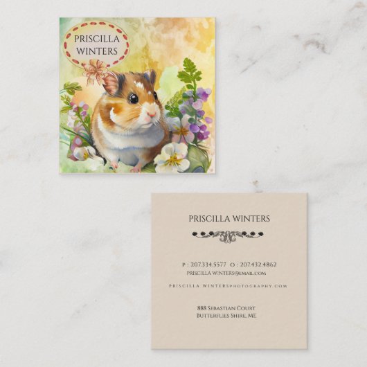 Carte De Visite Carré Hamster et fleurs d'aquarelle mignonne (Devant / Derrière)