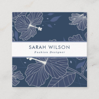Carte De Visite Carré Hibiscus bleu foncé tendance Fleurs QR Code