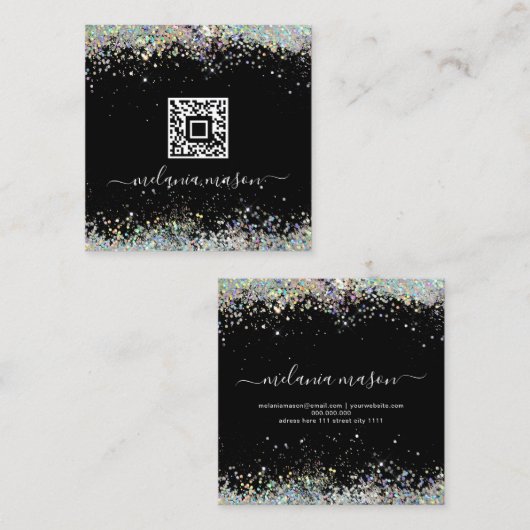 Carte De Visite Carré Holographe Parties scintillant ongle noir QR Code  (Devant / Derrière)