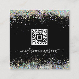 Carte De Visite Carré Holographe Parties scintillant ongle noir QR Code