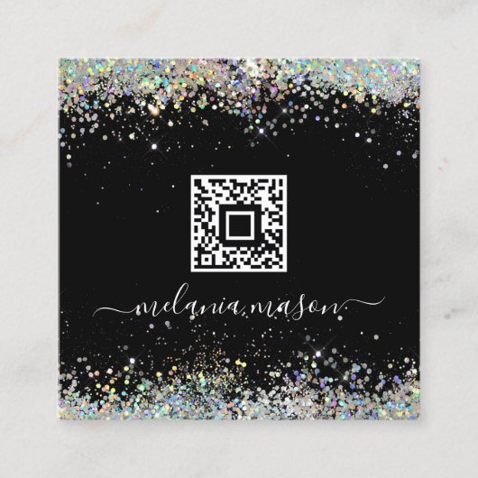 Carte De Visite Carré Holographe Parties scintillant ongle noir QR Code (Devant)