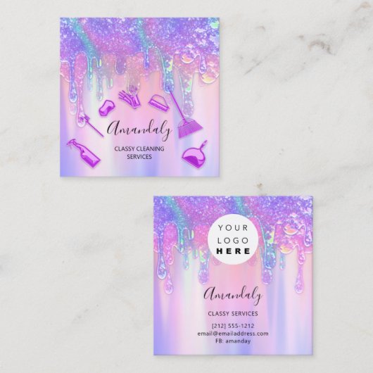 Carte De Visite Carré Holographe Soap Soap rose Logo Nettoyage Maid (Devant / Derrière)