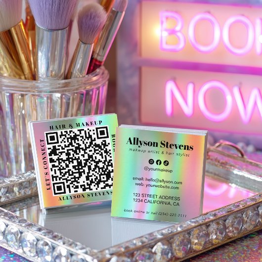 Carte De Visite Carré Holographic Rainbow Bold QR Code Hair & Makeup