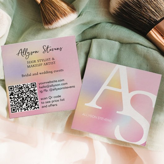 Carte De Visite Carré Holographic Rainbow Unicorn Initial Makeup QR Code