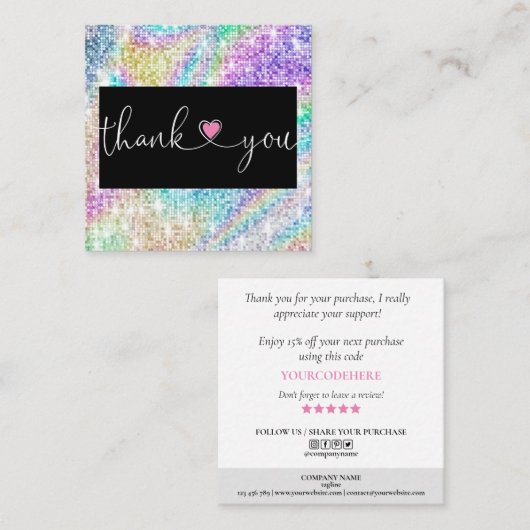 Carte De Visite Carré holographic script heart merci pour votre commande (Devant / Derrière)