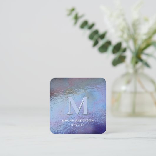 Carte De Visite Carré Holographique bleu violet moderne Monogramme éléga (Debout devant)