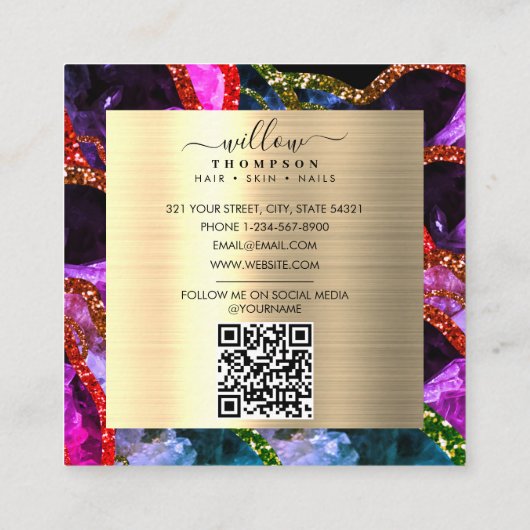 Carte De Visite Carré Holographique Opal Purple Géode Agate QR Code (Dos)