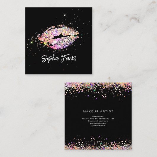 Carte De Visite Carré Holographique Parties scintillant lèvres beauté no (Devant / Derrière)