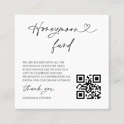 Carte De Visite Carré Honeymoon Fund Wedding Request Enclosure QR Card (Devant)