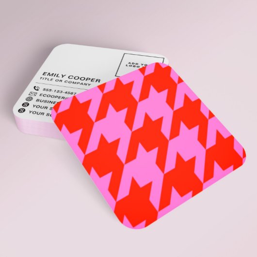 Carte De Visite Carré Houndstooth moderne Ajouter Logo Neon rose et roug