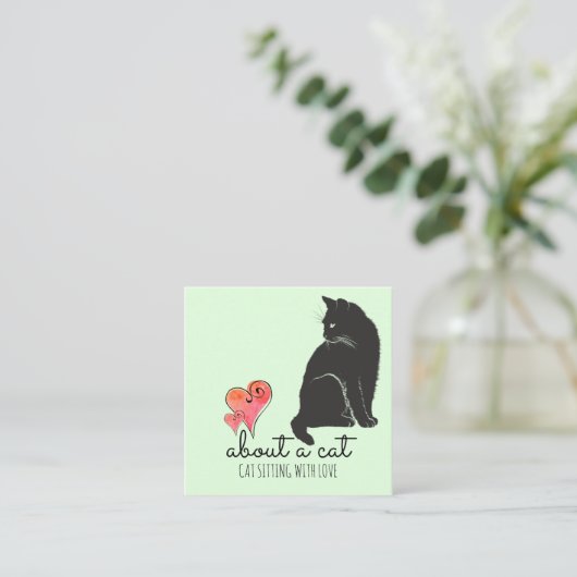 Carte De Visite Carré Illustration de chat & Coeurs Chat Sitter (Debout devant)