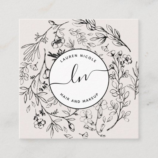 Carte De Visite Carré Initiales à script blanc noir blanc vierge botaniq (Devant)