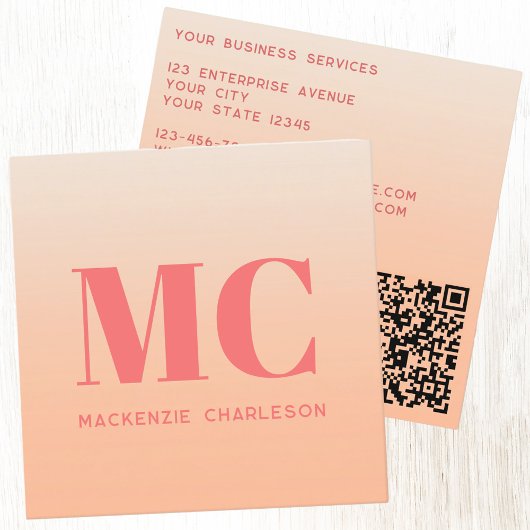 Carte De Visite Carré Initiales de monogramme moderne QR Code Peach Grad