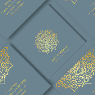 Carte De Visite Carré Instructeur de Yoga Dusty bleu et or Mandala