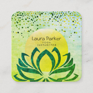 Carte De Visite Carré Instructeur de Yoga vert Lotus Fleur Aquarelle